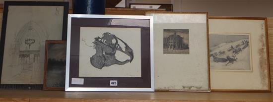 J. Brangwyn, pastel, Winter landscape, signed and dated 45, 19 x 28cm, Paul Mosse, pencil study, Rabbit Skull,